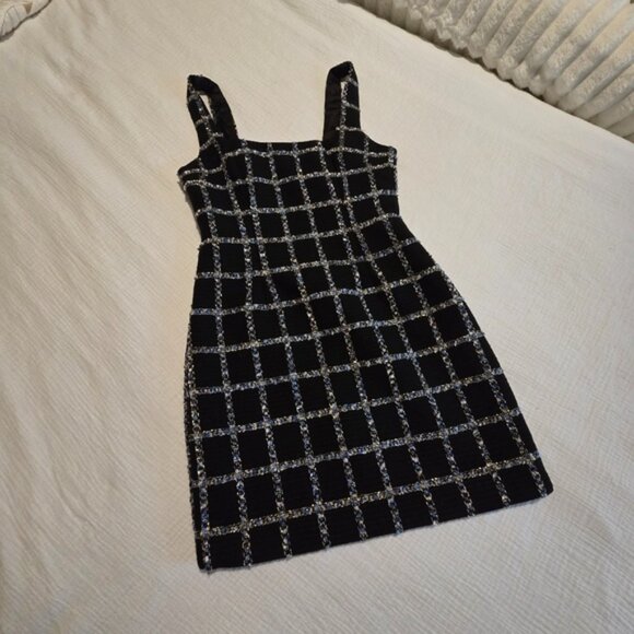 Lulus Black & Gold Grid Tweed Bodycon Mini Dress – XS - Picture 1 of 5